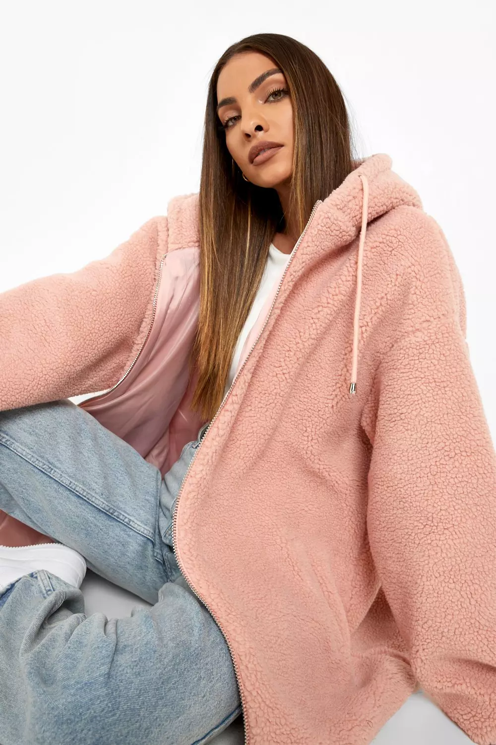 Boohoo pink teddy clearance coat